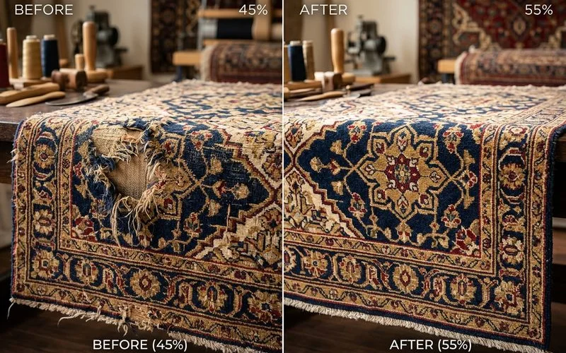Before/after of a rewoven rug section, seamless