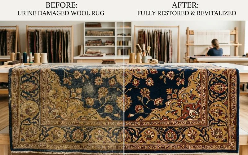 Before/after of a restored rug