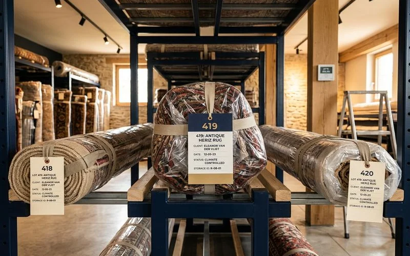 Wrapped rugs on elevated racks in storage