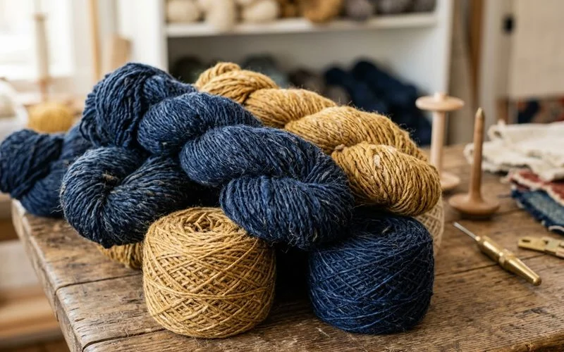 Close-up of hand-spun wool yarns in varied dye lots