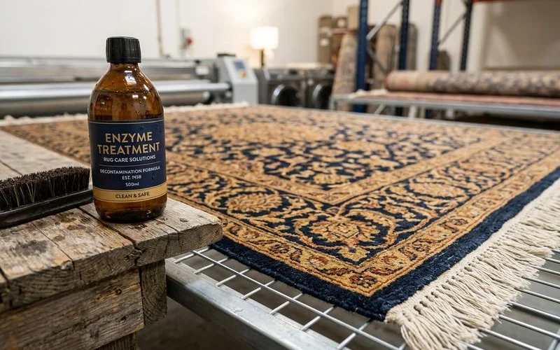 Enzyme bottle and a treated rug in a facility