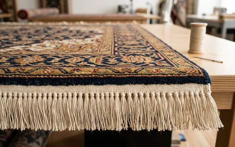 Finished restored fringe on a Persian rug edge