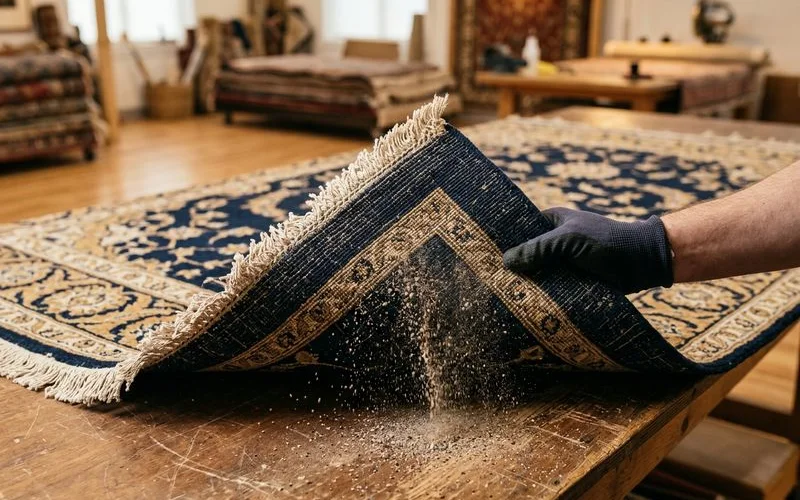 Hand lifting a rug corner showing trapped grit falling out