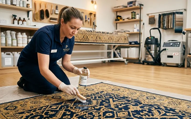 Staff spot-treating a commercial rug