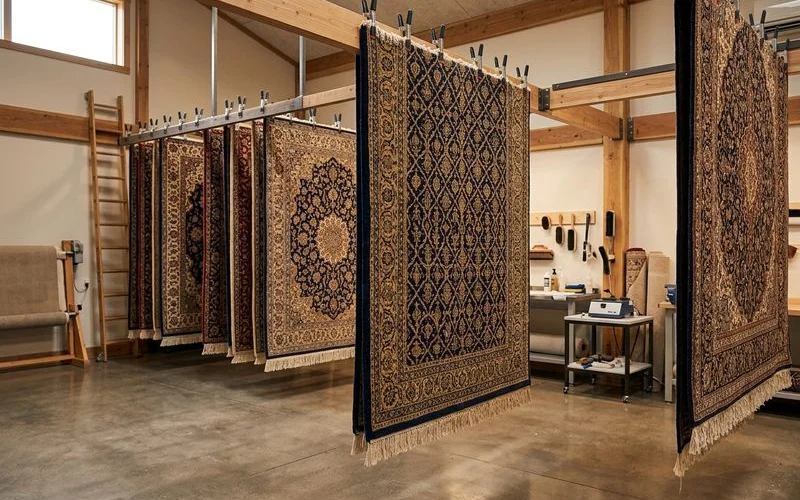Rug plant interior with rugs hung for drying