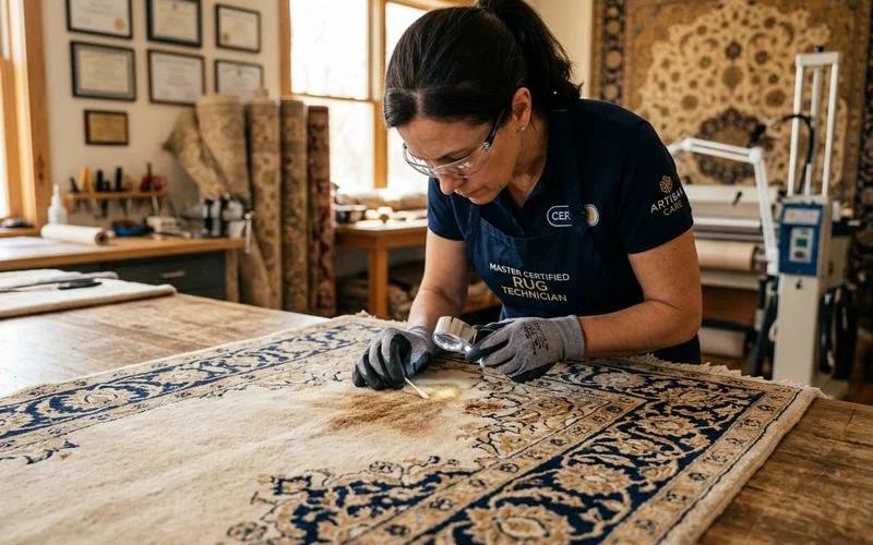 Technician assessing discoloration on an art silk rug