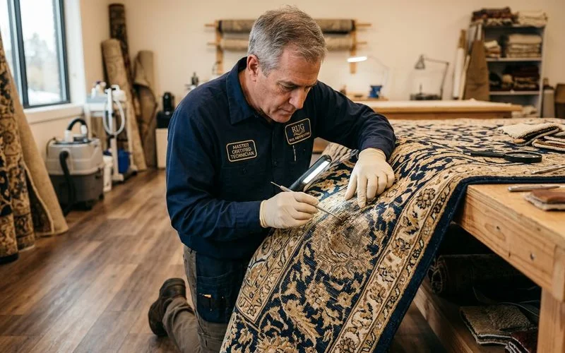 Technician inspecting a rug back for mold and rot