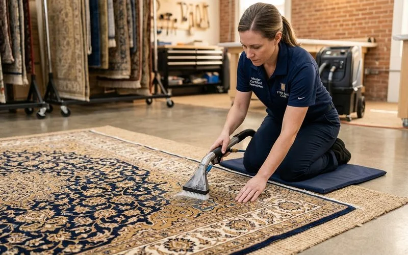 Technician low-moisture cleaning a viscose rug