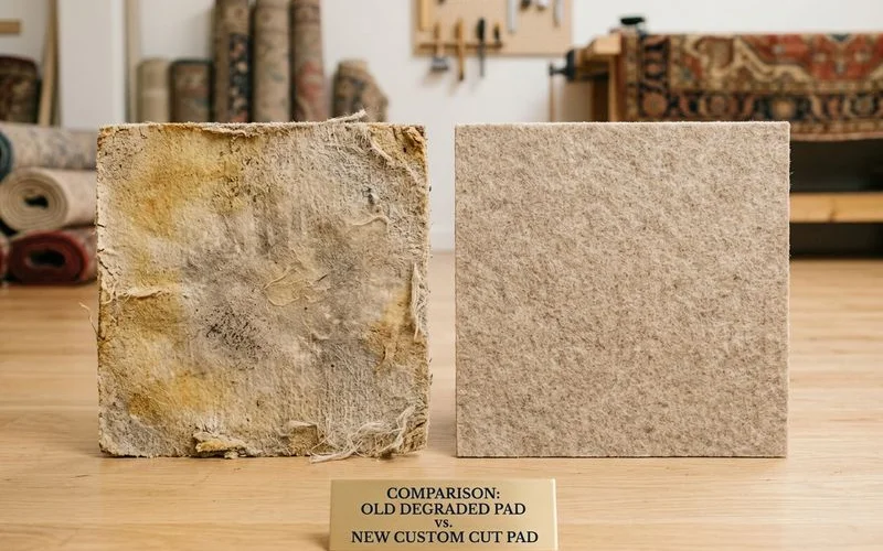 New custom-cut pad next to an old degraded one
