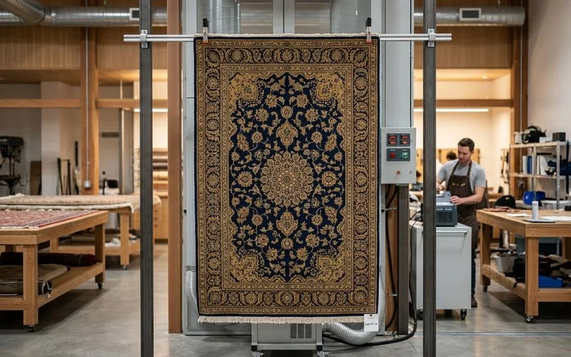 Persian rug drying vertically in a controlled drying tower
