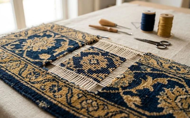 Rewoven foundation patch on a restored rug