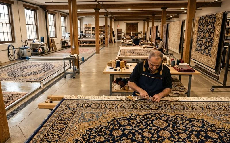 Spacious rug plant with rugs in process