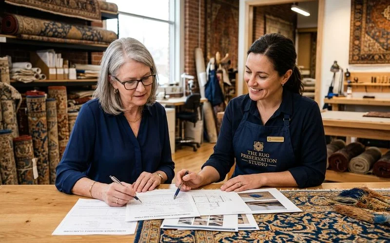 Specialist and homeowner reviewing claim paperwork