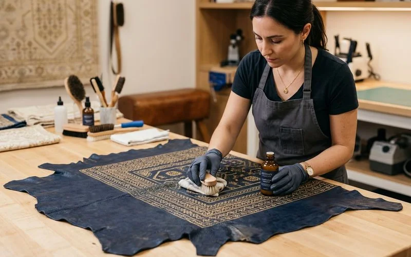 Gentle surface cleaning of a leather hide rug