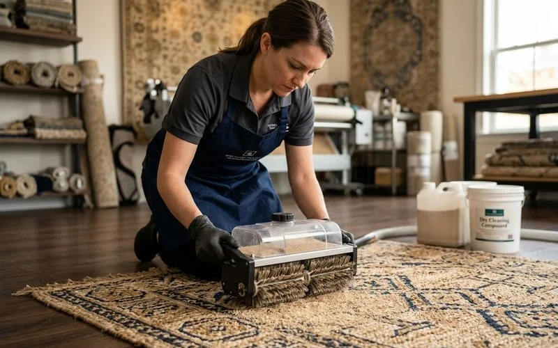Dry/low-moisture cleaning of a jute rug