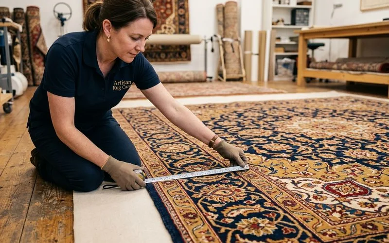 Specialist performing a free pre-inspection on an oriental rug
