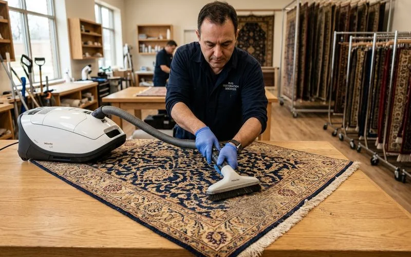 Cleaning the back of a wool rug to remove embedded grit
