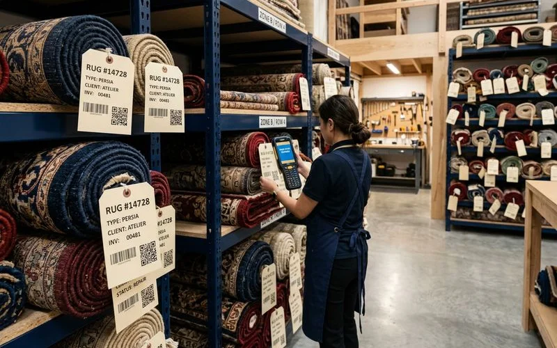 Stacks of labeled commercial rugs at a facility