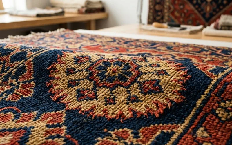 Vibrant antique rug colors, macro of red and blue wool