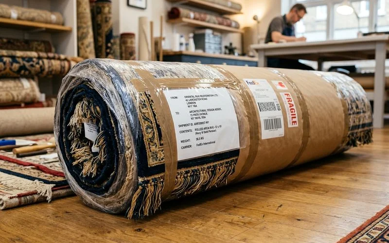 Wrapped, labeled rug ready for transit