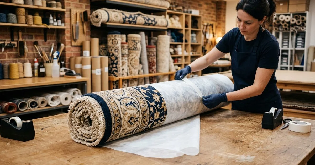Clean rug rolled and wrapped in breathable material