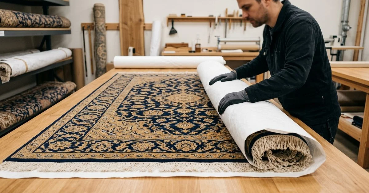 Clean wool rug being professionally wrapped for storage