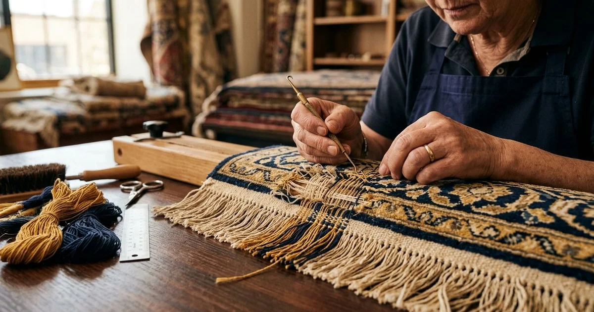 Close-up of frayed rug fringe being rewoven by hand