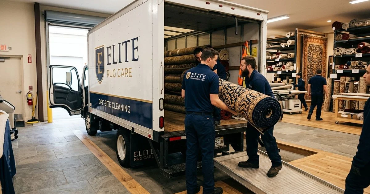 Box truck being loaded with rolled commercial rugs