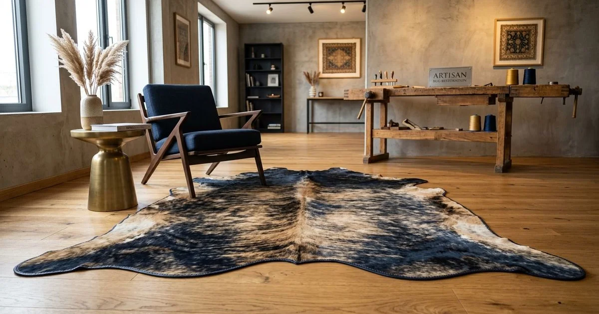 Cowhide rug in a modern room, natural markings detail