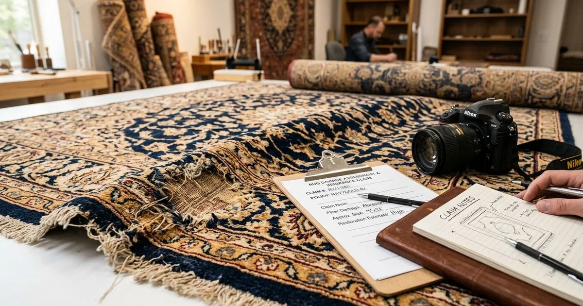 Damaged rug with documentation clipboard and camera