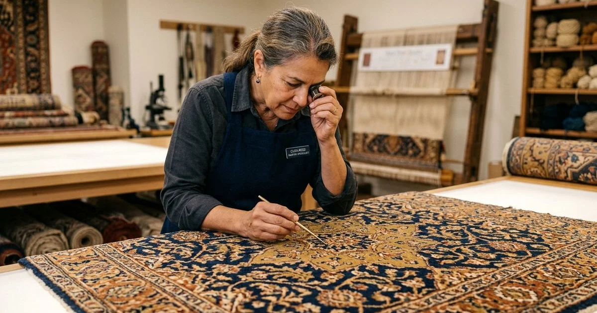 Detail of an intricate hand-knotted Persian rug being inspected