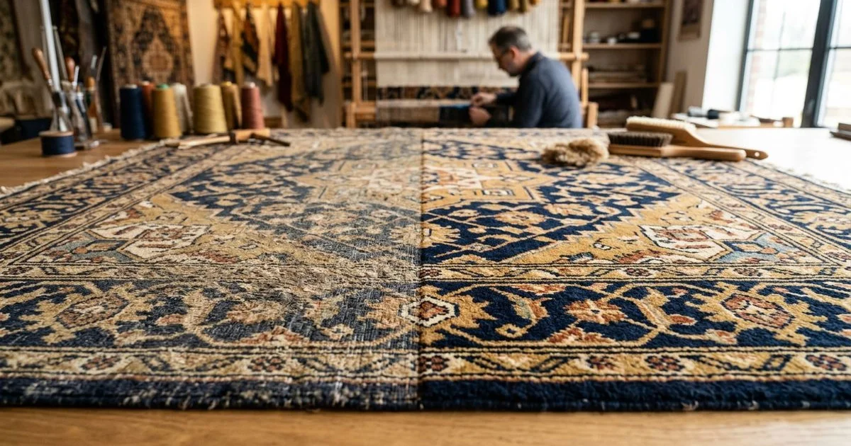 Comparison of a dulled high-traffic rug lane next to a clean section