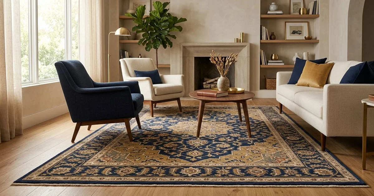 Living room with a wool area rug in warm natural light