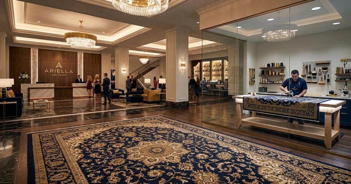 Elegant hotel lobby with a large area rug, upscale