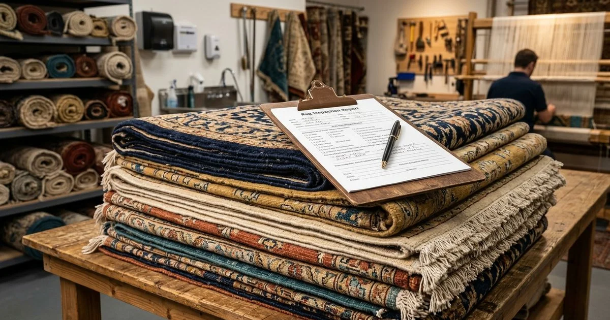 Stack of folded area rugs with an inspection clipboard