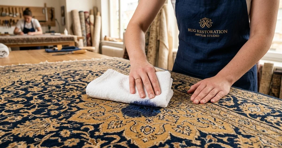 Hands blotting a viscose rug spill with a dry cloth