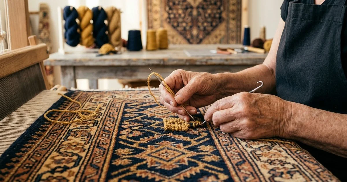 Hands reweaving pile into a rug with color-matched wool