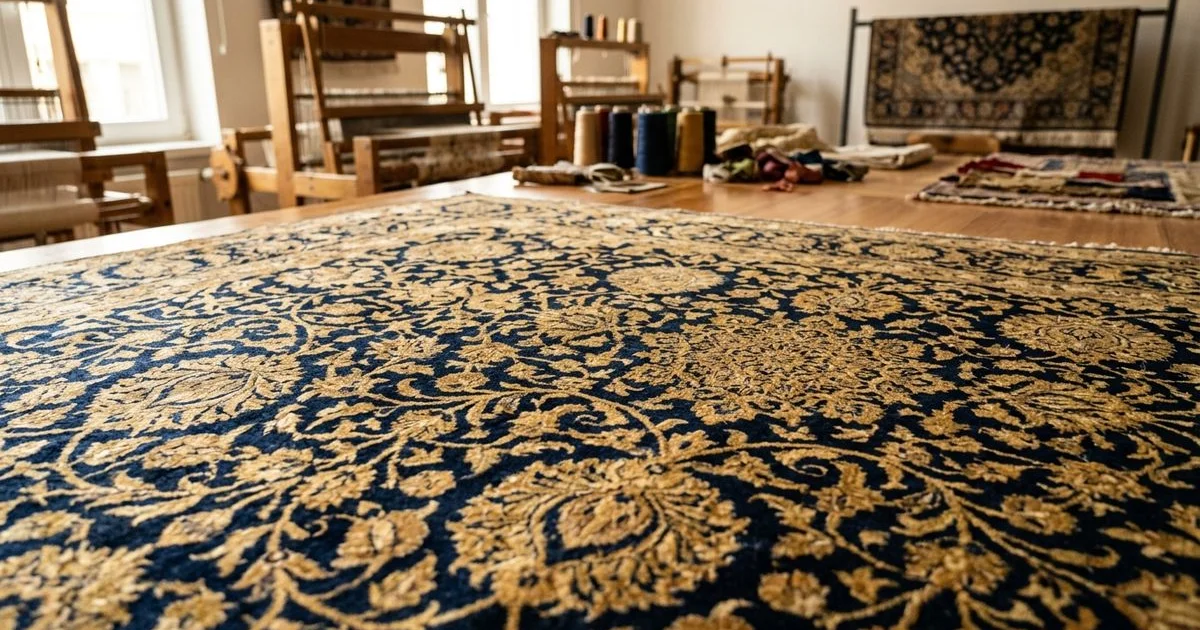 Lustrous silk rug detail catching soft studio light