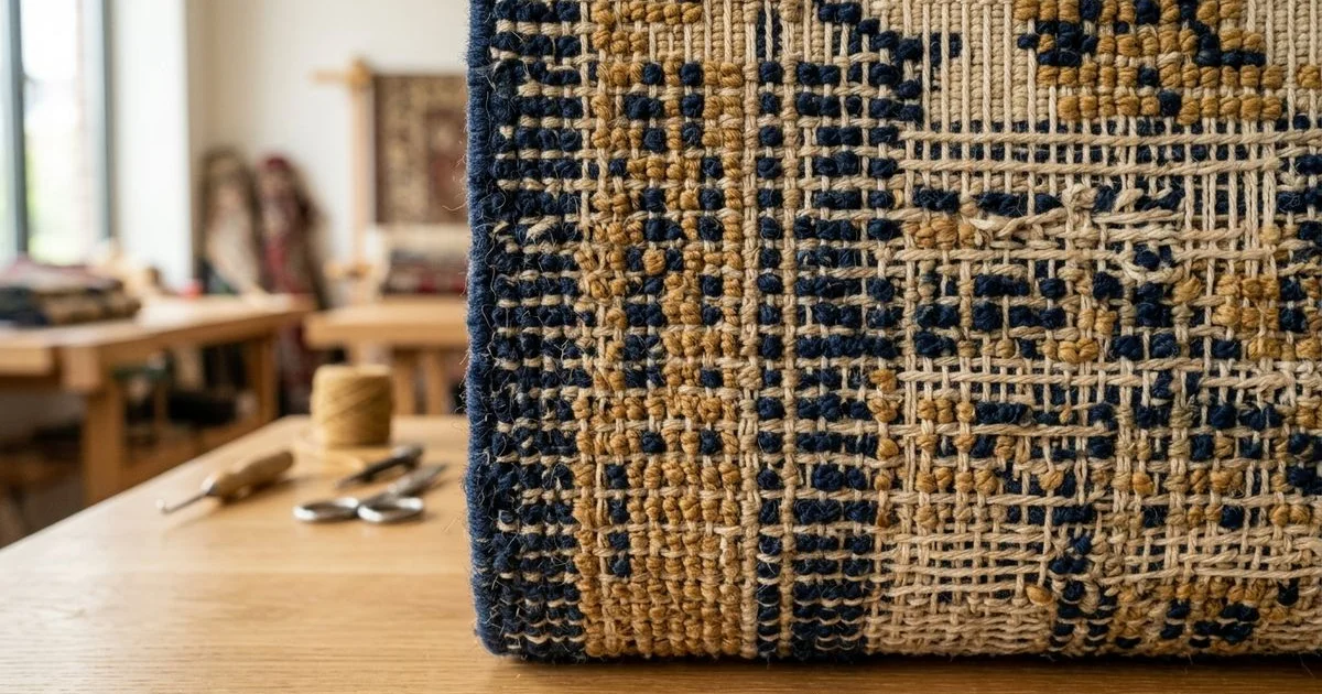 Macro of warp, weft, and knots in a hand-knotted rug