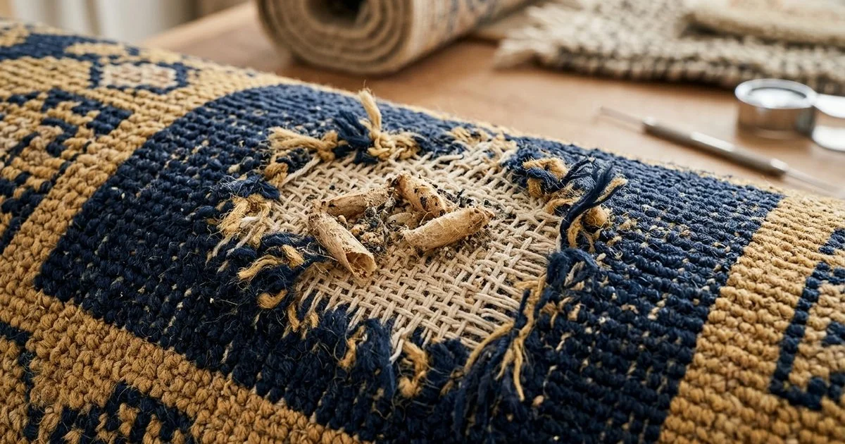 Macro of moth casings and bald patches on a wool rug back