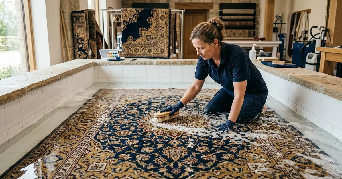 Master Certified specialist hand-washing a Persian rug in an individual bath