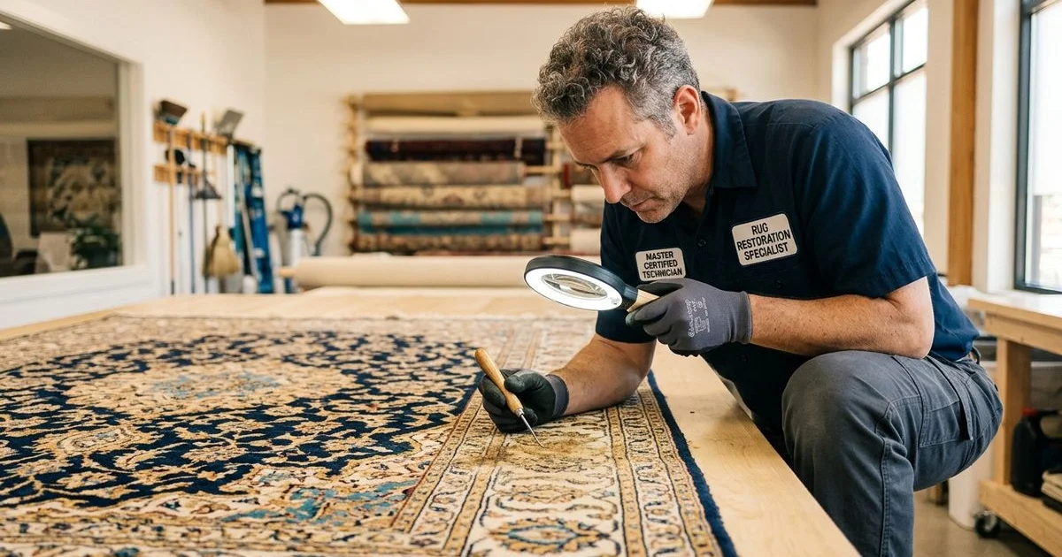 Technician inspecting a urine-damaged rug under bright light