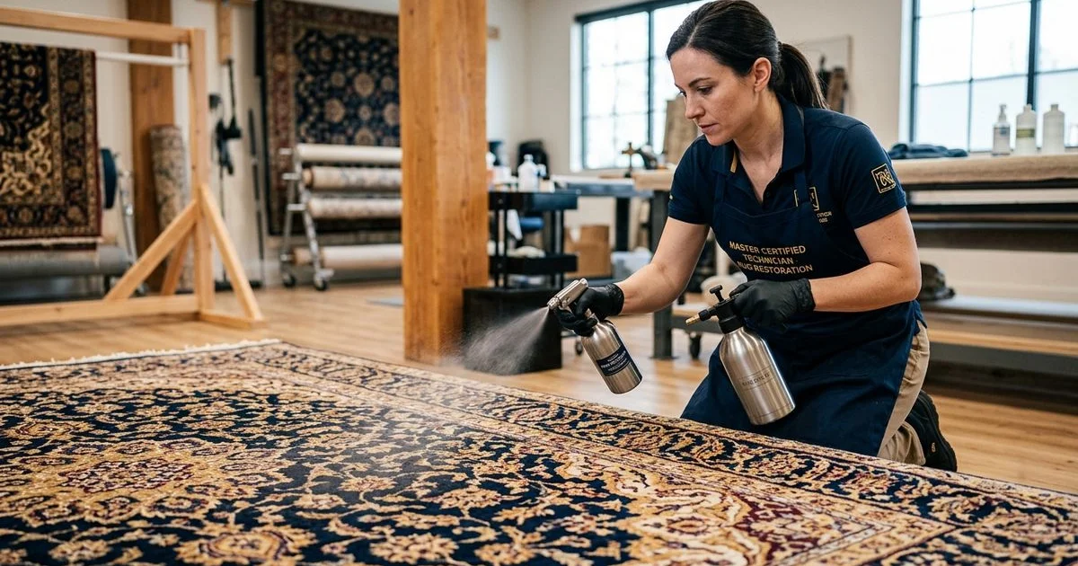 Technician reapplying fiber protector to a cleaned rug