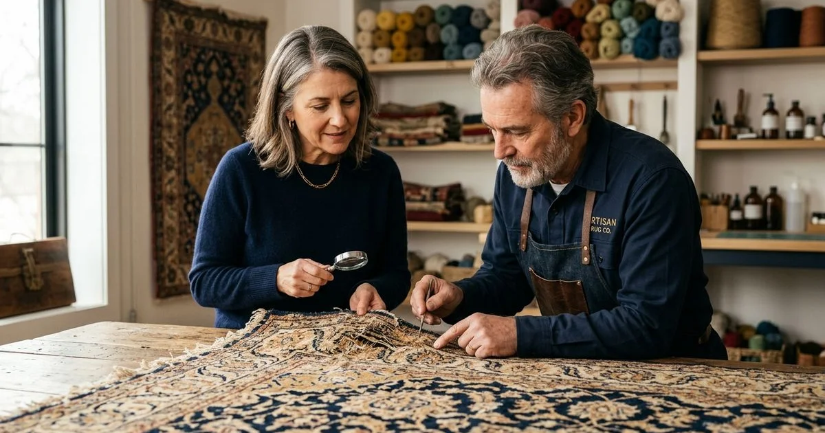 Owner and specialist looking at a damaged heirloom rug