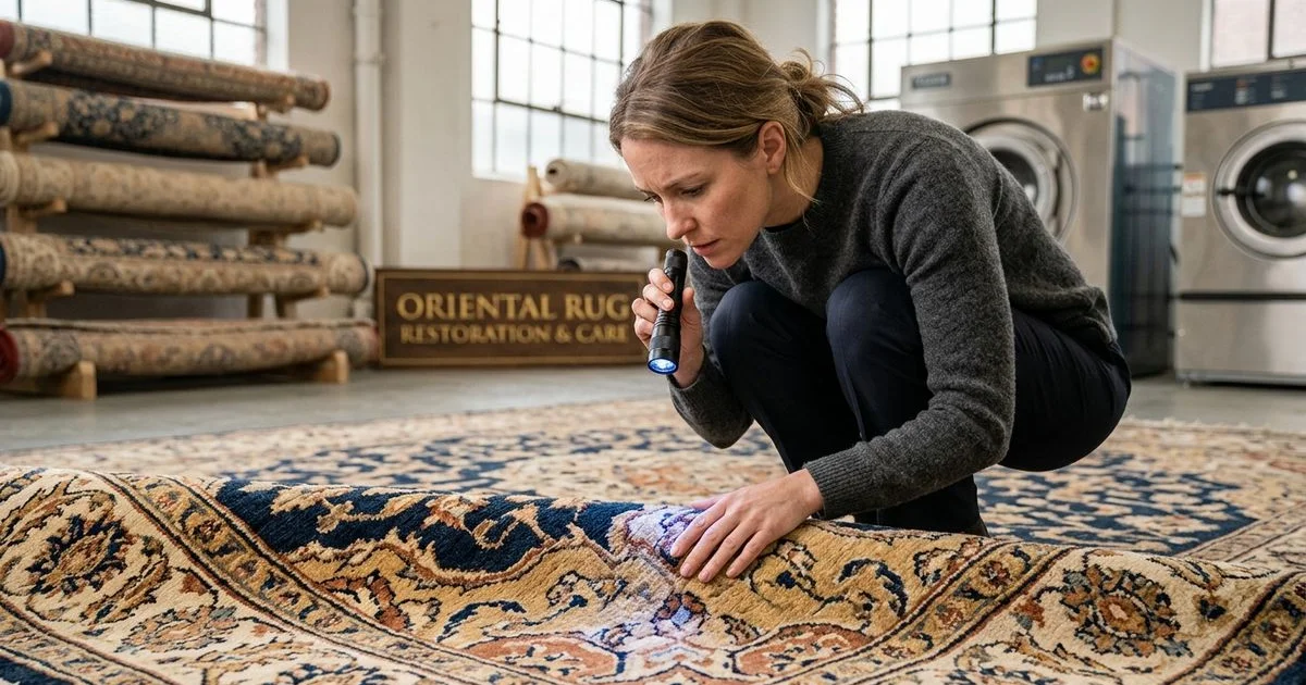 Owner sniffing a rug investigating persistent urine odor