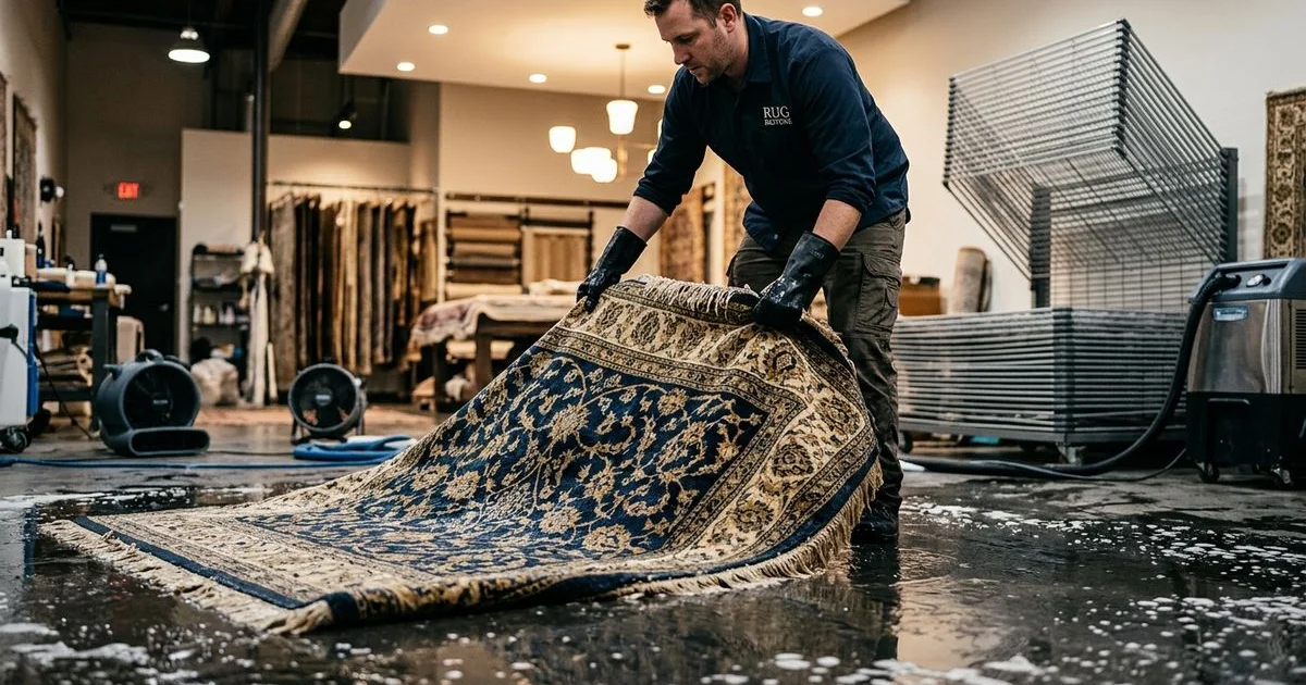 Person lifting a wet area rug off a flooded floor