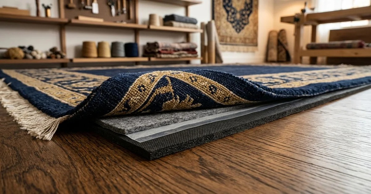 Pet-barrier rug pad with a moisture liner over hardwood