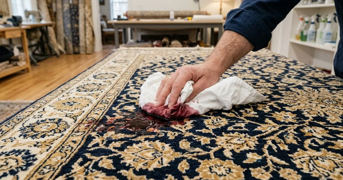 Wine spill being blotted from a wool rug, quick response