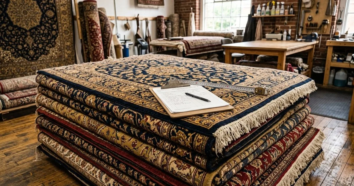 Stack of Persian rugs with an inspection clipboard