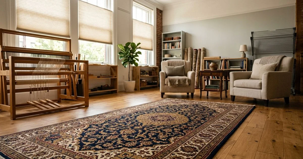 Las Vegas living room with an Oriental rug protected from summer sun